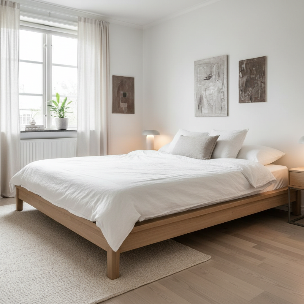 밝은 자작나무 프레임의 저상형 침대와 깨끗한 화이트 린넨 침구가 조화를 이루는 스칸디나비아 스타일의 아늑한 침실, 협탁 위 미니멀한 도자기 스탠드.