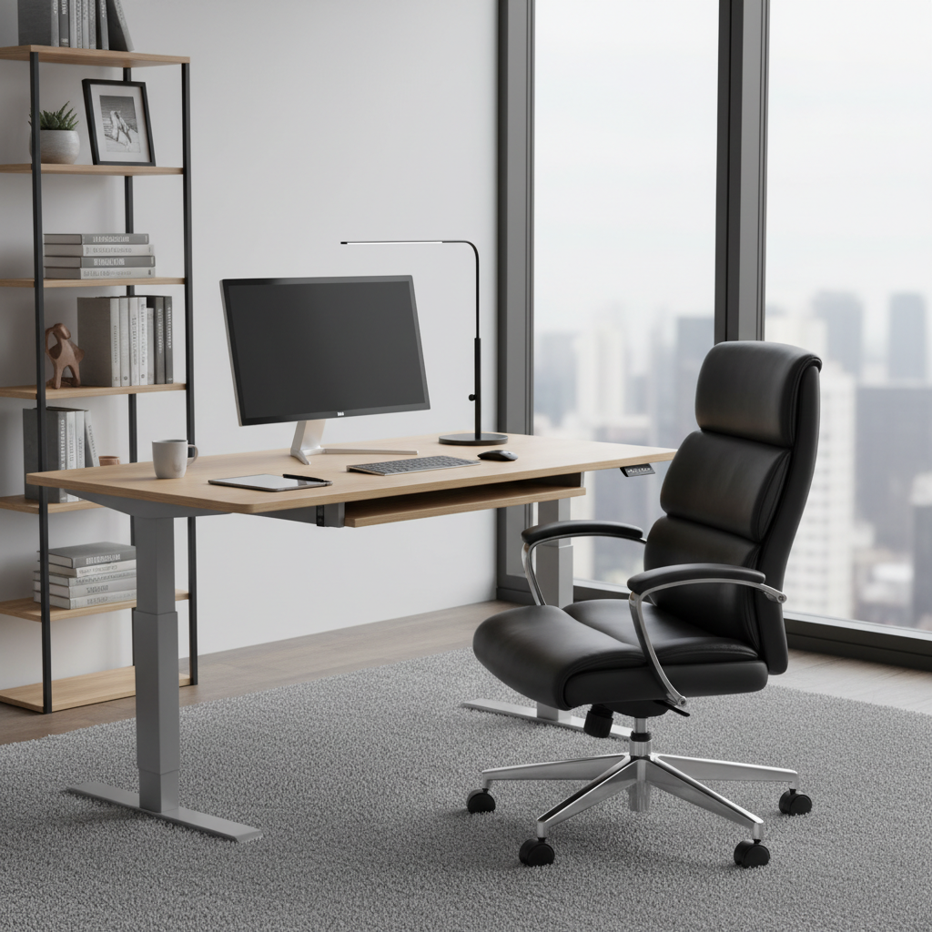 인체공학적 디자인의 블랙 가죽 사무용 의자와 높이 조절이 가능한 넓은 스탠딩 데스크, 책과 소품이 정갈하게 정리된 슬림한 책장이 있는 홈 오피스.