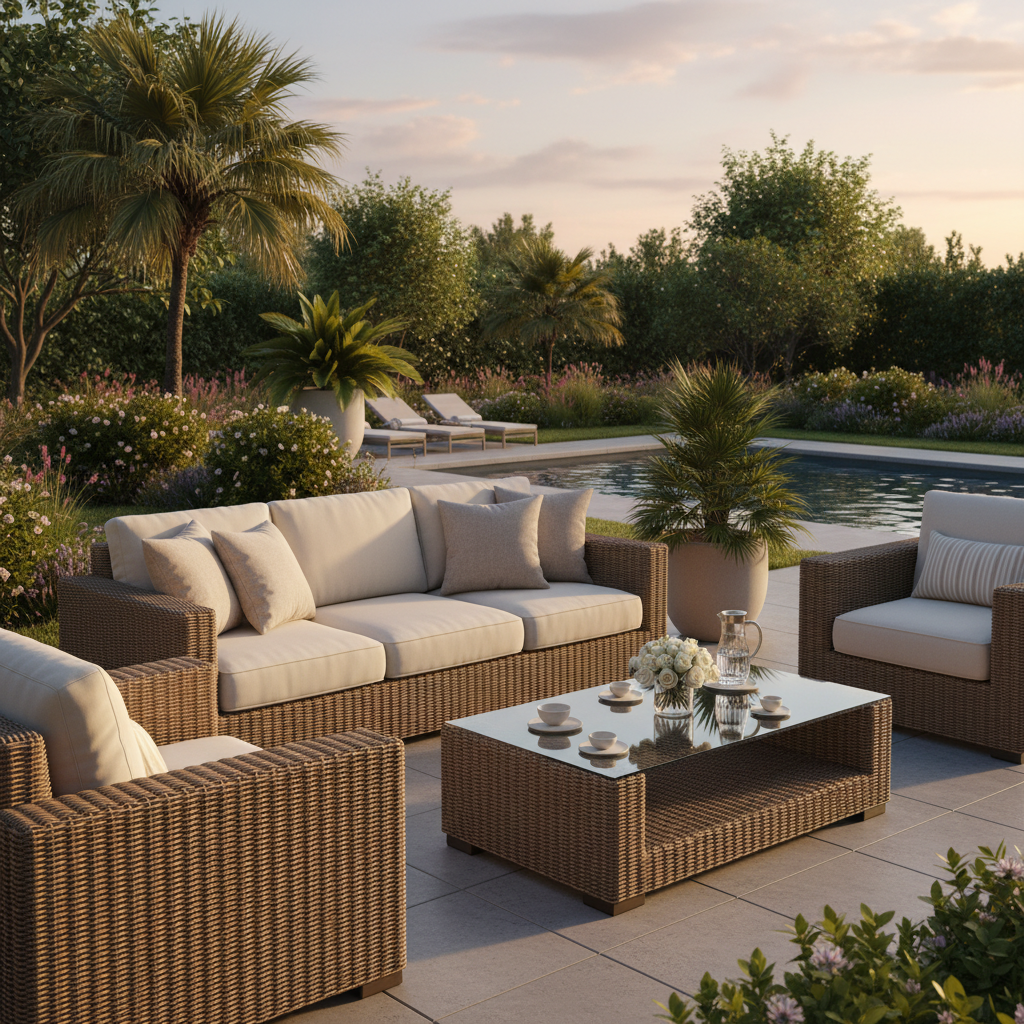 부드러운 크림색 쿠션이 놓인 라탄 소파 세트와 낮은 유리 테이블이 배치된 세련된 야외 테라스 공간, 해 질 녘 정원의 푸른 식물들이 어우러진 풍경.